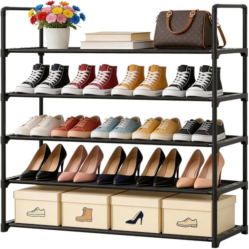 5 Tier Shoe Rack Large Capacity, 34.3" Wide Adjustable Shoe Organizer for 20-25 Pairs, Sturdy Non-Woven Shoe Rack Shelf Multi-Purpose Storage Unit for Closet, Hallway, Entryway,Garage,Black by Yegazte