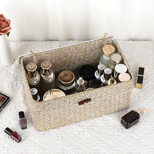 Sumnacon Wicker Basket with Lid,Tampon Holder for Bathroom,Whitewash,Medium - Image 5