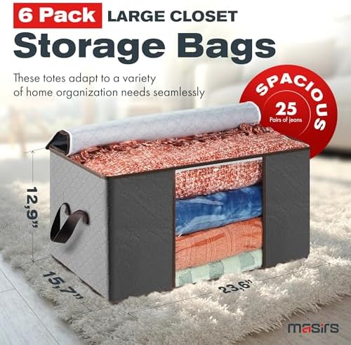 Storage Bags For Clothes - 6-Pack Collapsible Organizers for Blankets, Bedding & Clothes - Large 90L Zip Bags with Handles - Clear Durable Containers for Closet Organization (Grey) - Image 2