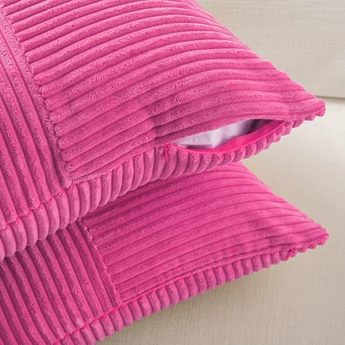 Fancy Homi 2 Packs Hot Pink Samll Decorative Throw Pillow Covers 14x14 Inch with for Couch Bed Sofa, Rustic Farmhouse Boho Home Decor, Soft Corss Patchwork Corduroy Square Cushion Case 35x35 cm - Image 4