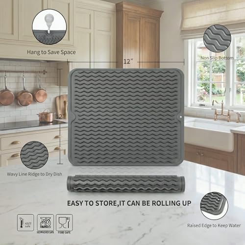 MicoYang Silicone Dish Drying Mat for Multiple Usage,Easy clean,Eco-friendly,Heat-resistant Silicone Mat for Kitchen Counter or Sink,Refrigerator or Drawer liner Grey M 12 inches x 12 inches - Image 2