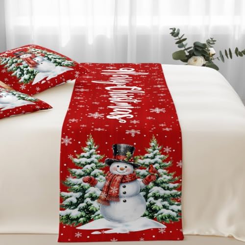 Merry Christmas Bed Runners for Queen Size Beds Winter Snowman Red Bed Scarf Matching Decorative Throw Pillow Covers Xmas Trees Snowflakes Hotel Beds End Blanket Towel Bedspread Protection for Home - Image 4
