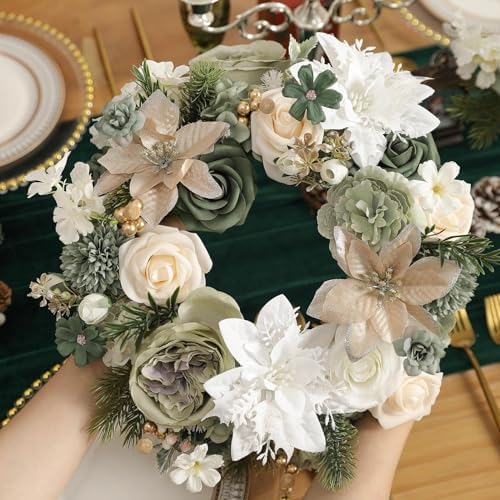 Christmas Artificial Flowers Set with White Poinsettia, Fake Roses and Greenery for DIY Christmas Decor - Wreath, Tree Ornaments, Wedding Bouquets, Centerpieces, Home Floral Arrangemen - Image 5