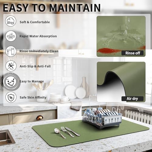 HotLive Dish Drying Mat for Kitchen Counter, Heat Resistant Drainer Mats with Non-slip Rubber Backed, Hide Stain Kitchen Super Absorbent Draining Mat, Easy to Clean Dish Rack Pad, Green 16"x20" - Image 4