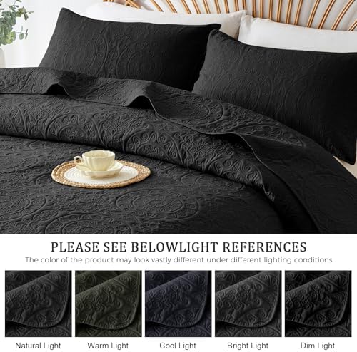 WURUIBO Black Quilt Set King/Cal King Size, Embossing Microfiber Bedspreads with Pillow Sham, Ligthweight Breathable Thin Coverlet, Reversible Bedding Set for All Season (1 Quilt, 2 Pillow Shams) - Image 6