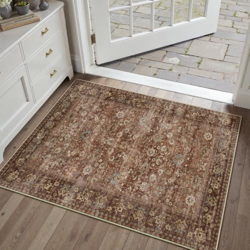 HUGEAR 2x3 Brick Red Vintage Floral Washable Area Rug for Entryway by HUGEAR