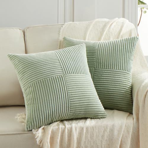 Fancy Homi 2 Packs Sage Green Big Decorative Throw Pillow Covers 24x24 Inch for Living Room Couch Bed, Rustic Farmhouse Boho Home Decor, Soft Corss Corduroy Patchwork Accent Cushion Case 60x60 cm by Fancy+Homi