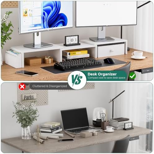Dual Monitor Stand Riser, Adjustable Length & Swivel Angle Monitor Stand, Ergonomic Monitor Stand with Drawer & Side Pockets, Desktop Organizer and Office Desk Accessories, White - Image 5