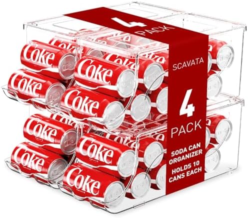 SCAVATA 4 Pack Stackable Refrigerator Organizer, Soda Can Dispenser Pop Cans Container Beverage Holder with Lid for Fridge, Freezer, Kitchen, Clear Plastic Storage Bins-Holds 10 Cans Each by Tidyyourlife