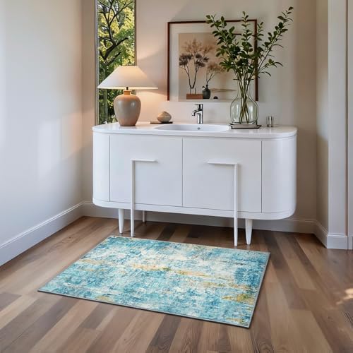Entrance Rugs Indoor 2x3 Teal Blue Entry Rug Washable Abstract Small Area Rug Non-Slip Low Pile Throw Rugs for Entryway, Kitchen Floor, Front Door Indoor Door Mat, Bathroom, Bedroom Bedside - Image 3