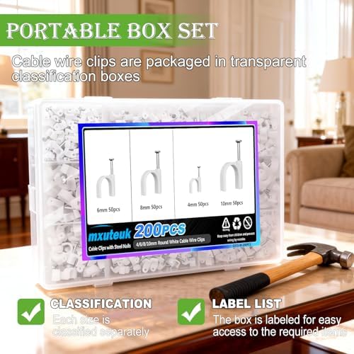 mxuteuk 200PCS Cable Clips with Steel Nails,4/6/8/10mm Round White Cable Wire Clips,Wall Clips for Cords,Cable Cord Clips for RG6 RG59 CAT6 RJ45 - Image 5