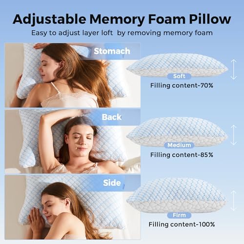 puredown® King Size Pillows Set of 2, Shredded Memory Foam Pillows, Cooling Pillow King 2 Pack, Foam Pillow for Sleeping, Adjustable Firm Bed Pillow for Side, Back and Stomach Sleepers - Image 3