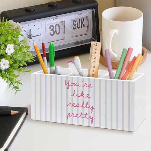 Inspirational Pen Holder, Positive Affirmations Office Pen Pencil Holder Organizer for Desk Accessories, Preppy Striped Wooden Box Desk Decor for Girls Room Bedroom Dorm Desk Decorations - Image 2