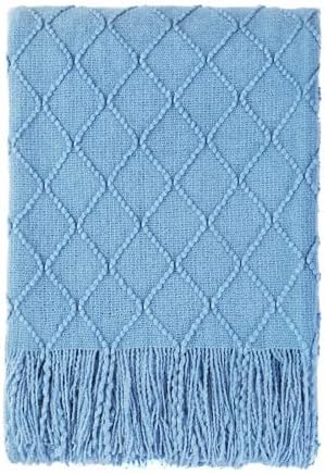 BOURINA Blue Throw Blanket 50x60 Inch Boho Knitted Soft Throw Sofa Blanket by BOURINA