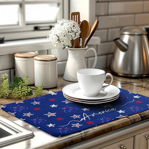 4th of July Dish Drying Mat America Stars Fireworks Blue Drying Mat 18x24 Inch Patriotic Memorial Independence Day Microfiber Absorbent Dish Drainer Rack Mats for Kitchen Counter - Image 6