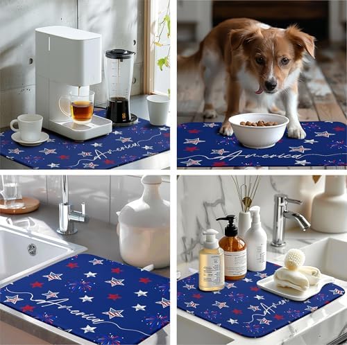 4th of July Dish Drying Mat America Stars Fireworks Blue Drying Mat 18x24 Inch Patriotic Memorial Independence Day Microfiber Absorbent Dish Drainer Rack Mats for Kitchen Counter - Image 7