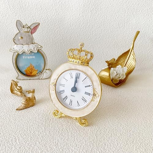 Vintage Mini Analog Table Clock, Silent Crown Table Clock with Hand-Painted Metal Body and Battery Operated Non-Ticking Core for Shelf, Living Room, Bedroom, Bedside, Desk - Image 6