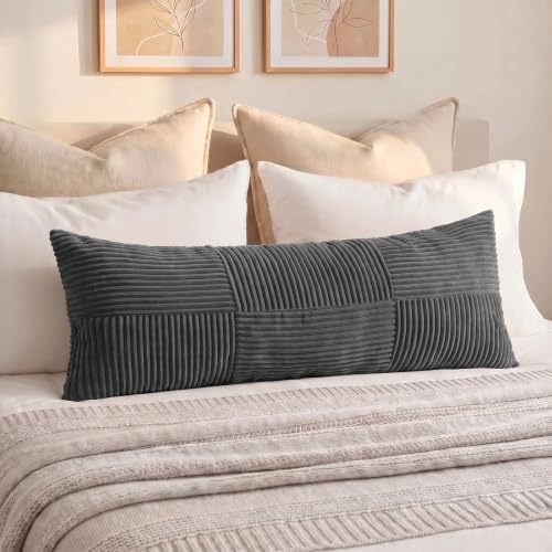 Fancy Homi Set of 2 Dark Gray Boho Long Lumbar Body Decorative Throw Pillow Cover 14x36 Inch for Bed Couch Bedroom Bench, Soft Patchwork Corduroy Textured Pillow Case, Rustic Farmhouse Room Décor - Image 7
