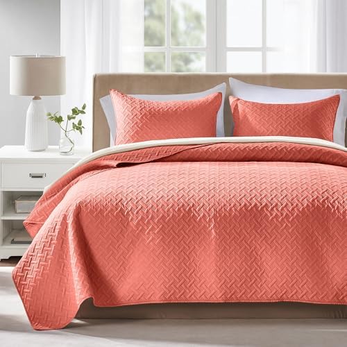 FLYMME Quilts King Size,Lightweight Coral Bedspreads,Basket Weave Pattern,Ultra Soft Microfiber Bed Coverlet 3 Pieces for All-Seasons (1 Quilt,2 Pillow Shams) by FLYMME