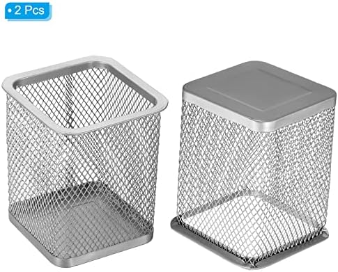 PATIKIL Mesh Pen Holder, 2 Pack Pencil Holder Pencil Basket Pen Cup Locker Organizer Square Makeup Brush Holder for Desk Accessories, Silver - Image 3