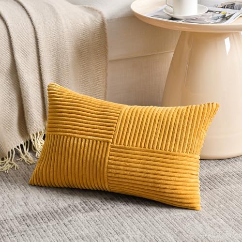 Fancy Homi 2 Packs Gold Yellow Lumbar Decorative Throw Pillow Covers 12x24 Inch for Couch Bed Sofa, Rustic Farmhouse Boho Spring Home Decor, Soft Striped Corduroy Rectangle Accent Cushion Case 30x60cm - Image 2