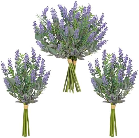 Hollyone 3 Bundles Fake Flowers Artificial Lavender Stems Bouquet Faux Plastic Purple Flowers Plants for Vase DIY Wedding Floral Arrangement Home Table Centerpieces Indoor Outdoor Decor by Hollyone