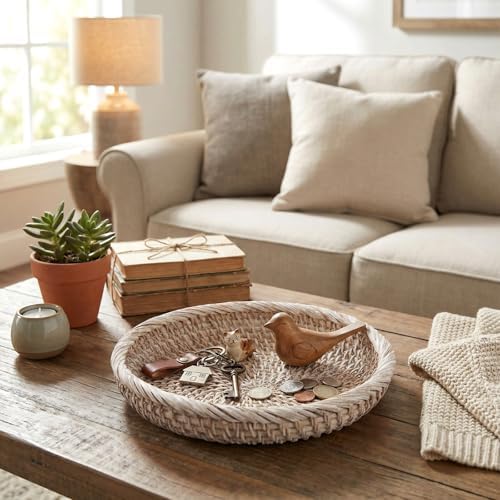 Hushee 3 Pcs Small Wicker Key Basket Entryway Table, White, Round - Image 4
