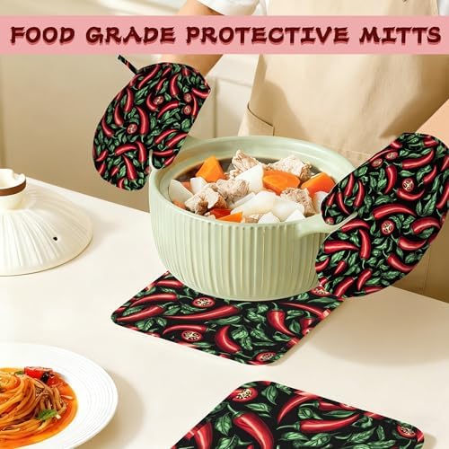 Red Chili Peppers Silicone Oven Mitts and Pot Holders,Heat-Resistant 4 Piece Kitchen Set Non-Slip Oven Gloves and Hot Pads for Cooking, Baking, Grilling,BBQ - Image 7