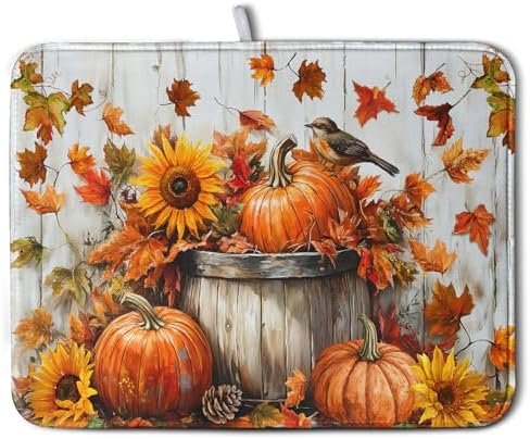 Fall Dish Drying Mat for Kitchen Counter Pumpkin Sunflower Maple Leaf Birds Drying Mats Autumn Thanksgiving Harvest Dish Drainer Mat Absorbent Microfiber Dishes Pad Large 18x24 Inch by Wnoesat