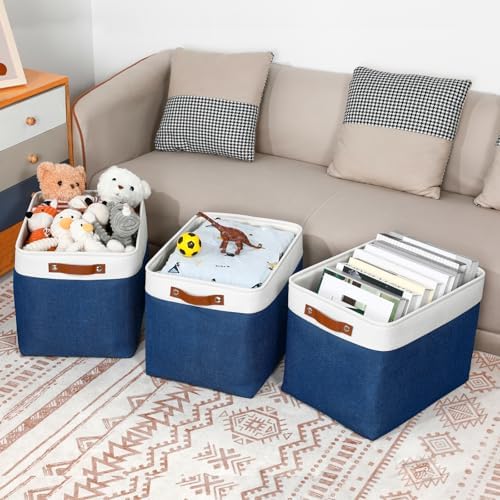 DULLEMELO Large Storage Baskets, Fabric Storage Bins for Organizing Foldable Linen Shelf Baskets for Clothes, Toys, Closet, Laundry (White&Blue,16"x12"x12"-1 Pack) - Image 6