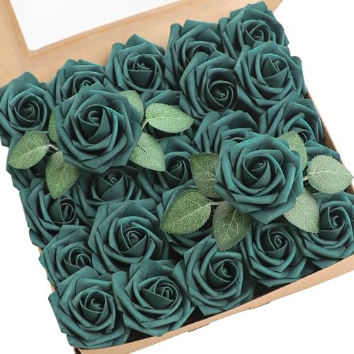 Floroom Artificial Flowers 25pcs Real Looking Peacock Green Foam Fake Roses with Stems for DIY Wedding Bouquets Bridal Shower Centerpieces Floral Arrangements Party Tables Home Decorations by Floroom