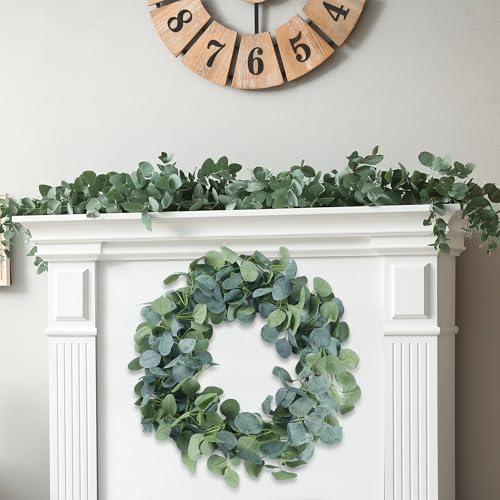 Sggvecsy 2 Pack Artificial Eucalyptus Garland Greenery Leaves Handmade 3D Silk Vines Silver Dollar Leaves Faux Leaf Plants for Wedding Wall Table Party Home Fireplace Bedroom Decor - Image 2