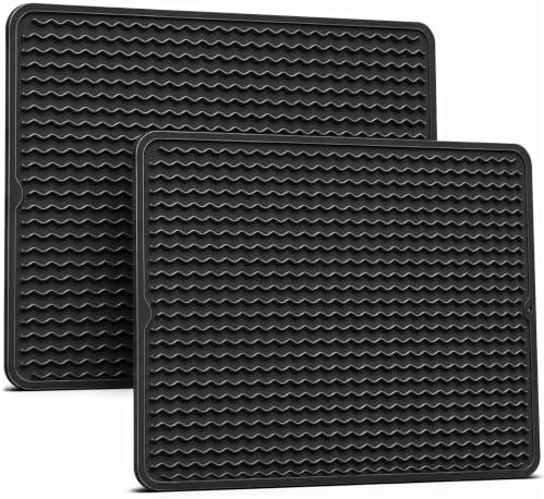 2 Pack Silicone Dish Drying Mat for Kitchen Counter Shower Caddy Rack Waterproof Under Sink Placemats Trivets Coffee Bar Accessories Dishwasher Desk Must Haves Extra Large 24"x18" Black by AOTASO
