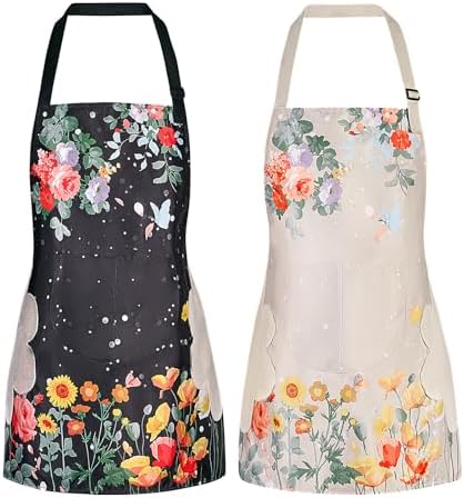 DILLMAN 2 Pack Floral Aprons with Pocket Blooming Womens Waterproof Adjustable Cooking Aprons Kitchen Gardening Salon by DILLMAN