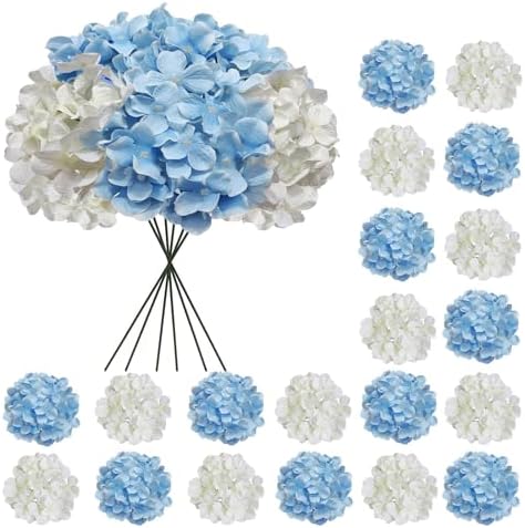 20 Pcs Blue and White Hydrangea Artificial Flowers Bulk, Faux Hydrangea Flowers Heads, Artificial Fake Silk Hydrangea Flowers with Stems, White Flowers Artificial for Decoration Wedding Décor by Cherica