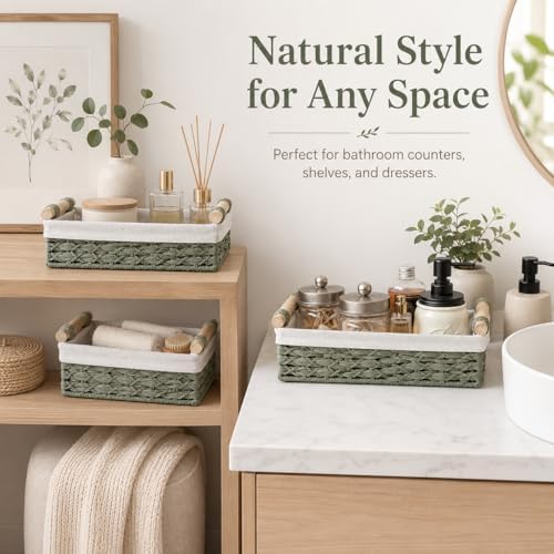 Sage Green Bathroom Baskets Set of 2, Paper Rope, Wood Handles - Image 2