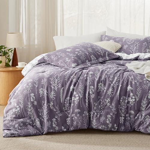 Bedsure Floral Comforter Set Cute Bedding Full Reversible Grayish Purple by BEDSURE
