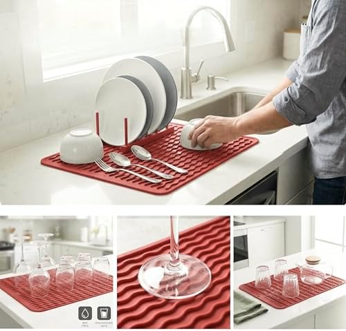 MicoYang Silicone Dish Drying Mat — Quick-Dry Ridges Counter & Sink Pad, Heat-Resistant Trivet to 450°F, Non-Slip & Dishwasher Safe, Roll-Up Storage, 18 Colors & 9 Sizes (Red, 16"×12") - Image 4