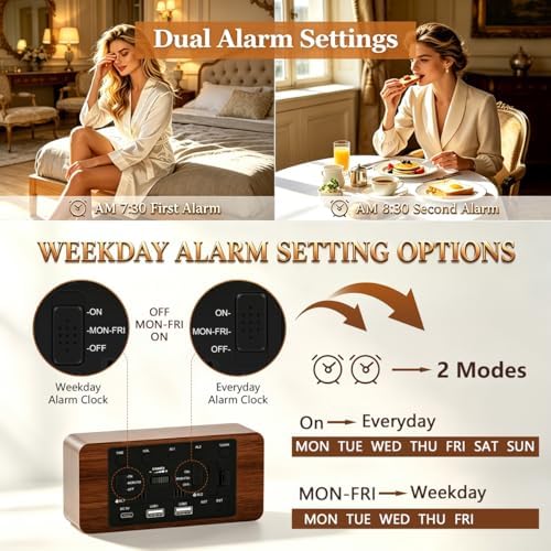 Wooden Digital Alarm Clock for Bedroom - Desk Clock with Date, Day of Week, Temperature, Dual Alarms, Dimmer, USB Port Charge, DST, Adjustable Volume for Living Room/Office Wood Decor (Brown) - Image 6