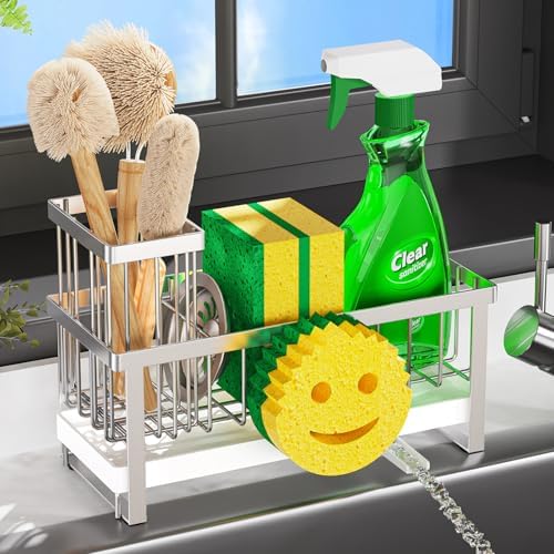 Sponge Holder for Kitchen Sink,Sink Caddy with Removable Dish Brush Holder,Self-Draining Kitchen Countertop Organizers and Storage Essentials,Soap Dispenser Organize and Home Decor-Silver by Taugast