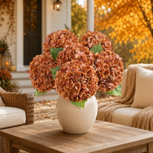 3Pcs 21in Latex Real Touch Hydrangea Artificial Flowers (Fall Orange) - Image 7