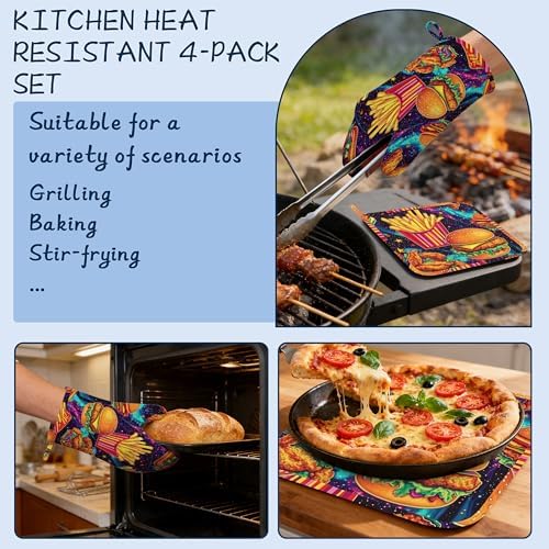 Oven Mitts and Pot Holders Sets,Hamburger French Fries Thick Cotton Kitchen Oven Mitt Set,Funny Food Waterproof Anti-Slip Silicone Mittens for Baking,Cute Cooking Utensils Set for Bakeries Barbecues - Image 5