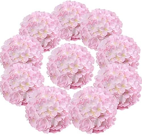Silk Hydrangea Heads Artificial Flowers Heads with Stems for Home Wedding Decor,Pack of 10 (Pink) by Flojery