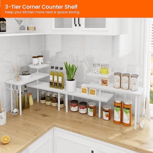 Homode Kitchen Countertop Organizer Corner Shelf, Bathroom Counter Organizers and Storage, 3 Tier Wood Shelf Organizer Space Saver for Make Up, Dresser Table, Desktop, White - Image 3