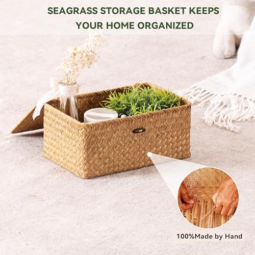 Nonam Wicker Storage Basket with Lid,Seagrass Shelf Basket Set of 2,Natural - Image 5