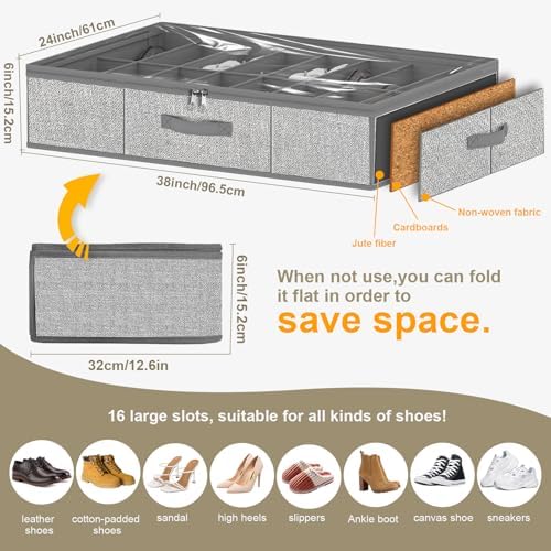 homyfort 32 Pairs Shoe Organizer Under Bed, Underbed Shoe Storage Boxes Bins, Organizador De Zapatos, Extra Large Zapateras Organizer, Grey, Set of 2 - Image 2