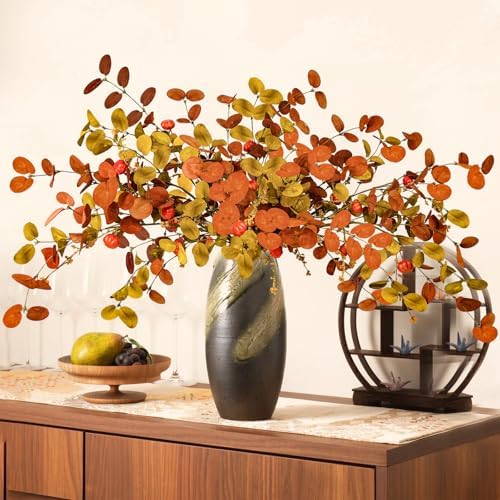 Uieke 8PCS Artificial Fall Eucalyptus Stems, 28inch Fall Eucalyptus Leaves Branches with Orange Pumpkins Long Stems Fall Decorations for Home Autumn Florals Arrangement Thanksgiving Decor - Image 3