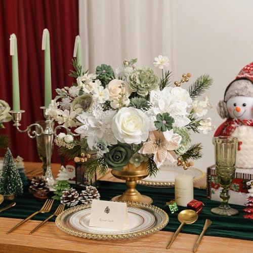 Christmas Artificial Flowers Set with White Poinsettia, Fake Roses and Greenery for DIY Christmas Decor - Wreath, Tree Ornaments, Wedding Bouquets, Centerpieces, Home Floral Arrangemen - Image 2