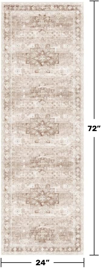 Hazo Haus Boho Long Bathroom Runner Rug 24 x 72 Washable Non Slip - Soft Stain Reistant Rugs for Kitchen, Laundry Room, Hallway Runner - Neutral Floral Design Décor (2x6 Beige/Latte) - Image 2