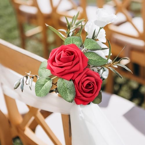 Mocoosy 50 Pcs Artificial Flowers Red Roses Bulk, Real Looking Foam Fake Roses with Stems Bulk DIY Wedding Bouquet Floral Arrangement Bridal Shower Centerpieces Party Home Table Decorations - Image 3